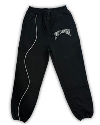 Black sweatpants with white piping and logo on a white background